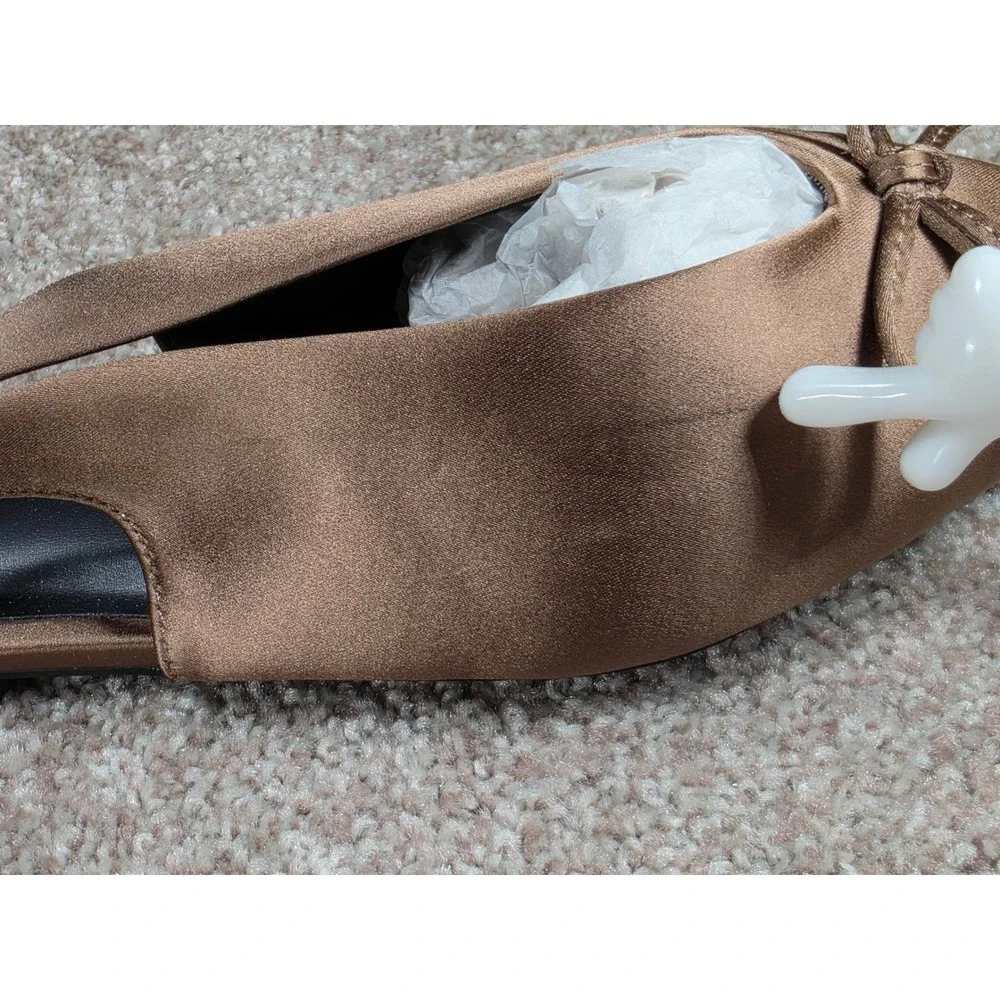 A New Day Camille Taupe Satin Pointed Toe Slingback Bow Flats Shoes 8.5 NEW